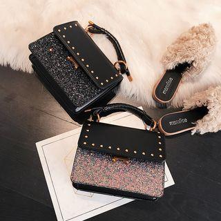 Studded Sequined Faux Leather Mini Satchel Bag