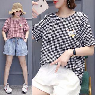 Plaid Cat Embroidered Short-sleeve T-shirt