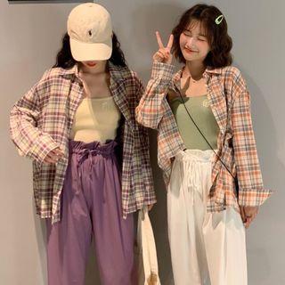 Plaid Shirt / Flower Embroidered Camisole Top / Cropped Pants