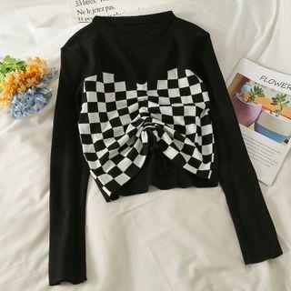 Checkerboard Drawstring Crop Knit Top