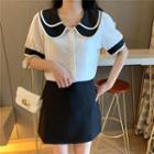 Balloon-sleeve Double Collar Blouse / A-line Skirt