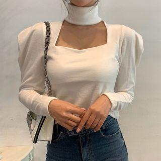 Choker-neck Puff-sleeve Crop Top