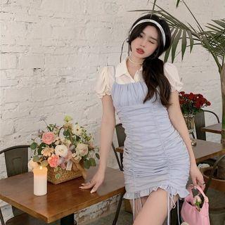 Puff-sleeve Blouse / Mini Sheath Overall Dress / Cardigan