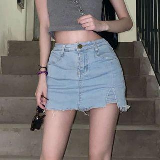 Low Rise Washed Denim Pencil Skirt