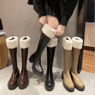 Platform Block Heel Fleece Panel Tall Boots