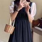 Mock Two-piece Puff-sleeve Ruffled Midi A-line Dress