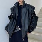Faux Leather Detachable Sleeve Jacket