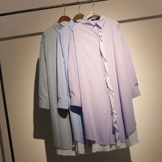 Mock Two-piece Long-sleeve Striped Midi Shirtdress