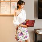 Set: 3/4-sleeve Asymmetric Cold Shoulder Top + Floral A-line Mini Skirt