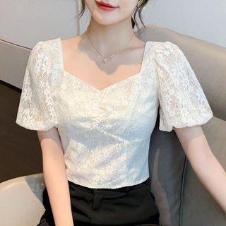 Puff-sleeve V-neck Lace Crop Top