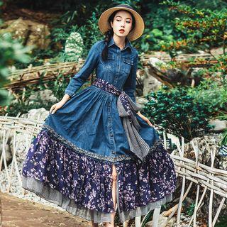 Long-sleeve Floral Panel Maxi A-line Denim Dress