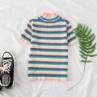 Mock Neck Short Sleeve Striped Top As Shown In Figure - One Size