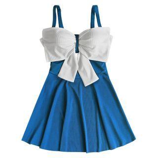 Set: Spaghetti-strap Two-tone Swimsuit + Swim Skirt