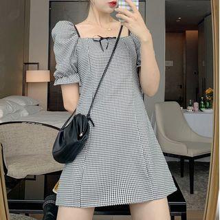 Plaid Blouse / Puff-sleeve Plaid A-line Dress