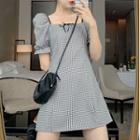 Plaid Blouse / Puff-sleeve Plaid A-line Dress
