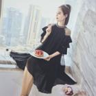 Embellished Mesh Trim Elbow Sleeve Dress