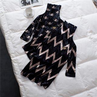 Elbow-sleeve High-neck Pattern Velvet Top