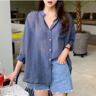 Long-sleeve Sheer Shirt Blue - One Size