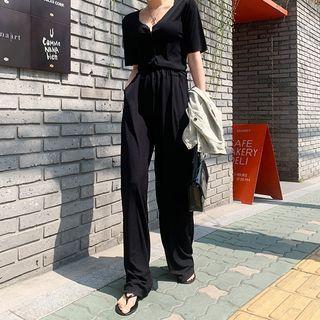 Set: V-neck Cropped Cardigan + Loose-fit Pants Black - One Size