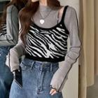 Long-sleeve Paneled T-shirt / Spaghetti Strap Zebra Print Knit Top