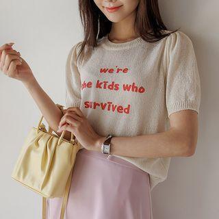 Puff-sleeve Letter Boucl  Knit Top