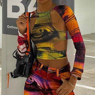 Round Neck Cutout Long Sleeve Cropped Top