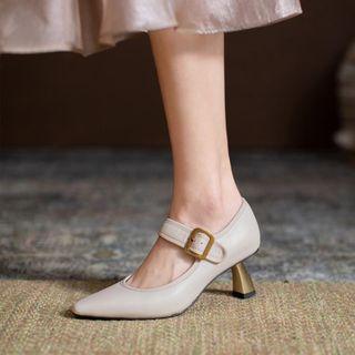 Block Heel Pointed Buckled Mary Jane Pumps