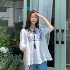 Tie-neck Embroidered Shirred Blouse
