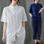 Short-sleeve Mandarin Collar Frog-button Top / Harem Pants