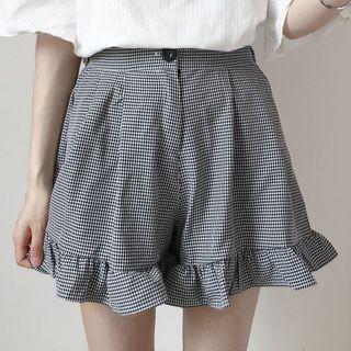 Elbow-sleeve Eyelet Lace Collar Blouse / Plaid Frill Hem Shorts
