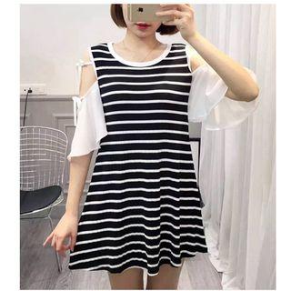 Striped Cold Shoulder A-line Dress