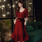 Short-sleeve Faux Pearl Midi A-line Dress