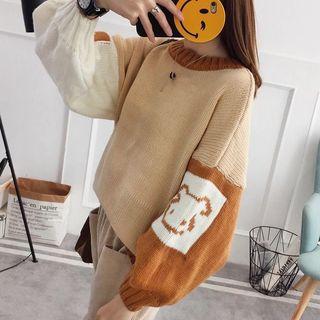 Color Block Puff-sleeve Chunky Knit Sweater