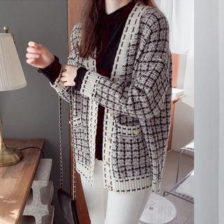 V-neck Glittered Checked Cardigan Ivory - One Size