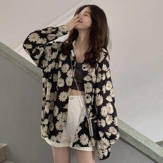 Flower Print Blouse Floral - Black - One Size