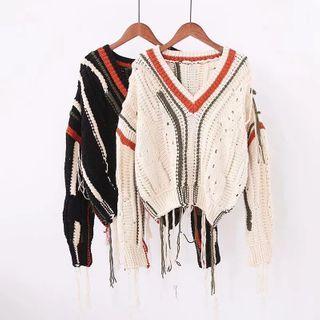 Contrast Trim Fringed Trim Sweater