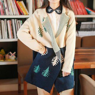 Color Block Tree Print Long Knit Coat