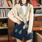 Color Block Tree Print Long Knit Coat