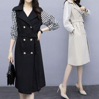 Gingham-sleeve Double-breasted Coat