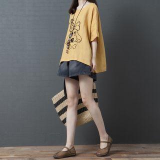 Dog Print Elbow-sleeve Top