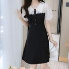 Short-sleeve Collared Lace Panel Mini A-line Dress