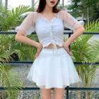 Set: Dotted Mesh Panel Swim Top + Shorts + Cover-up Skirt