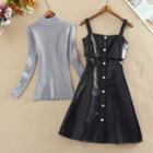 Set: Mock-neck Long-sleeve Knit Top + Faux-leather A-line Pinafore Dress