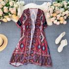 Patterned Open Front Short-sleeve Light Jacket Red - One Size