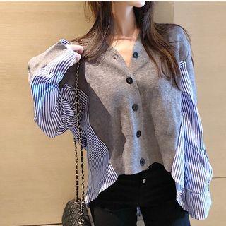 Mock Two-piece Striped Panel Knit Cardigan Stripe - Blue - One Size
