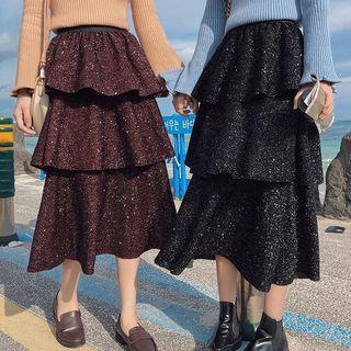 Glitter Midi Tiered A-line Skirt