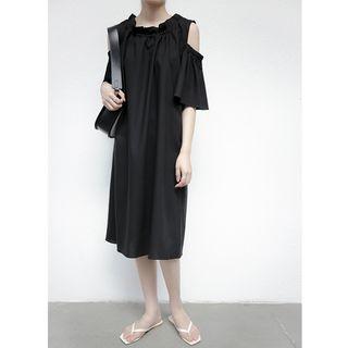 Elbow-sleeve Cold Shoulder Linen Midi Sheath Dress