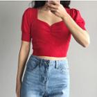 Puff-sleeve Crinkled Cropped Knit Top
