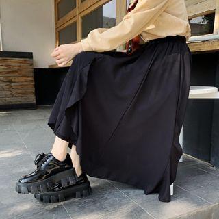 Plain Ruffle Panel Midi A-line Skirt