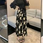 Floral Midi A-line Skirt / Bell-sleeve Blouse